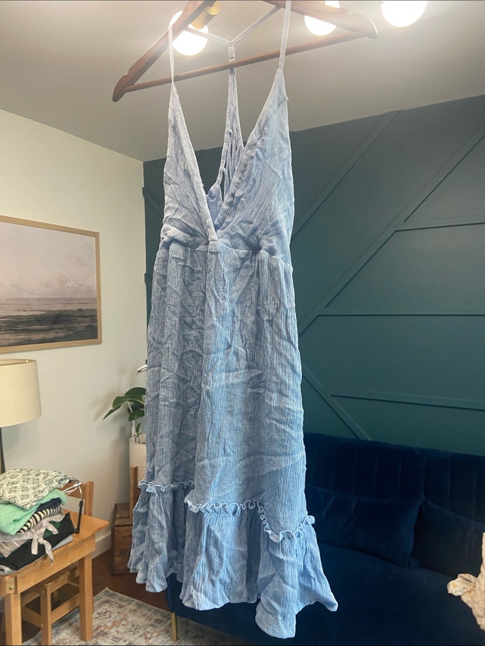 Light Blue Strappy Mini  Dress with Ruffle Hem